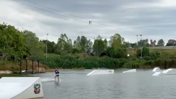 Thai Wake Park Pattaya competition layout - full-size cable with kickers and obstacles across the lake